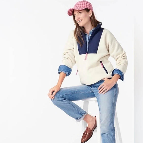 J Crew Vintage Fleece Polartec Sherpa Half Zip Pullover White/Navy Women’s Large - Picture 1 of 5